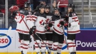 Canada celebrates a goal against Austria during first period IIHF World Junior Hockey Championship action in Edmonton on Tuesday, December 28, 2021. THE CANADIAN PRESS/Jason Franson 
