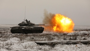 A Russian tank T-72B3 fires as troops take part in drills at the Kadamovskiy firing range in the Rostov region in southern Russia, on Jan. 12, 2022. The failure of last week's high-stakes diplomatic meetings to resolve escalating tensions over Ukraine has put Russia, the United States and its European allies in uncharted post-Cold War territory.(AP Photo)