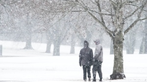 A couple walks through McCabe Golf Course during a winter storm in Nashville, Tenn., on Sunday morning, Jan. 16, 2022. The storm brought rain, snow and sleet to Middle Tennessee. (George Walker IV/The Tennessean via AP)