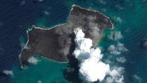 This satellite image provided by Maxar Technologies shows an overview of Hunga Tonga Hunga Ha'apai volcano in Tonga on Jan. 6, 2022, before a huge undersea volcanic eruption. (Satellite image Â©2022 Maxar Technologies via AP)