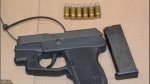 A Kel-Tec subcompact handgun with a laser sight is shown in a TPS handout image.