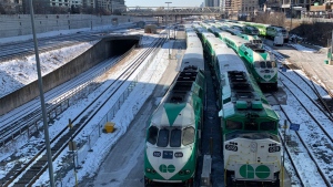 GO Trains are pictured in downtown Toronto February 8, 2021. (Joshua Freeman /CP24)
