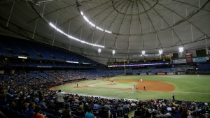 FILE - The Houston Astros play the Texas Rangers during the third inning of a baseball game at Tropicana Field in St. Petersburg, Fla., Aug. 29, 2017. The Tampa Bay Raysâ€™ proposed plan to split the season between Florida and Montreal has been rejected by Major League Baseball. Rays principal owner Stuart Sternberg announced the news on Thursday, Jan. 20, 2022. (AP Photo/Chris O'Meara, File)