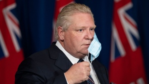 Ontario Premier Doug Ford arrives to his press conference at Queen’s Park regarding the easing of restrictions during the COVID-19 pandemic in Toronto on Thursday, January 20, 2022. THE CANADIAN PRESS/Nathan Denette 
