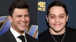 This combination of photos shows "Saturday Night Live" cast members Colin Jost at the premiere of "Avengers: Endgame" in Los Angeles on April 22, 2019, left, and Pete Davidson at the premiere of "Big Time Adolescence" in New York on March 5, 2020. The pair have purchased a decommissioned Staten Island Ferry boat with plans to turn it into New Yorkâ€™s hottest club. (AP Photo)