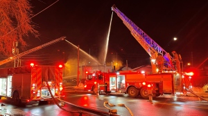 Toronto Fire are battling a three-alarm blaze at an auto shop in Scarborough on Saturday, Jan. 22, 2022. (Craig Wadman/CTV News)