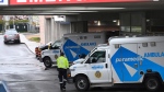 Ambulances sit at the emergency room entrance at the Michael Garron Hospital in Toronto on Thursday, April 29, 2021. There reports that the hospital experienced a potential exhaustion of its supply of oxygen and had to send COVID-19 patients to other hospitals across the GTA Thursday.  THE CANADIAN PRESS/Frank Gunn