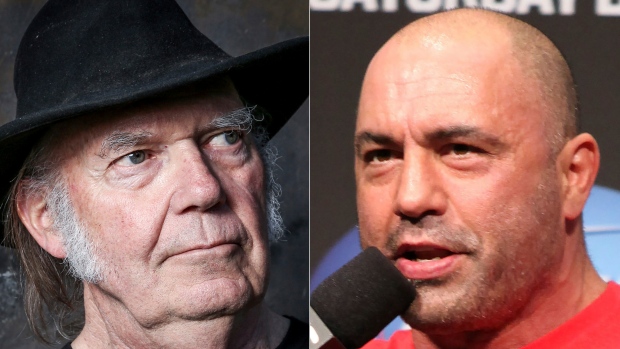 This combination photo shows Neil Young in Calabasas, Calif., on May 18, 2016, left, and UFC announcer and podcaster Joe Rogan before a UFC on FOX 5 event in Seattle on Dec. 7, 2012. (AP Photo) 