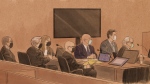 In this courtroom sketch, from left, former Minneapolis police Officer Tou Thou, attorney Robert Paule, attorney Natalie Paule, attorney Tom Punkett, former Minneapolis police Officer J. Alexander Keung, Minneapolis police Officer Thomas Land and attorney Earl Grey appear for opening statements for their trial in the killing of George Floyd in federal court on Monday, Jan. 24, 2022, in St. Paul, Minn. Floyd died May 25, 2020, after Officer Derek Chauvin pressed his knee against his neck as Floyd, who was handcuffed, said he couldn't breathe. (Cedric Hohnstadt via AP) 