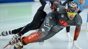 Charles Hamelin of Canada competes during the men's 1000m preliminary race of the ISU Short Track Speed Skating World Cup in Debrecen, Hungary, Friday, Nov. 19, 2021. (Zsolt Czegledi/MTI via AP