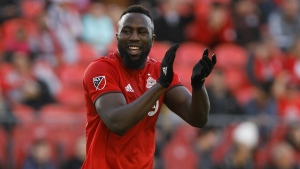 FILE - Toronto FC forward Jozy Altidore (17) reacts after a shot on goal during second half of MLS soccer action against the Columbus Crew SC, in Toronto, Sunday, Oct. 6, 2019. THE CANADIAN PRESS/ Cole Burston 