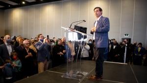 Patrick Brown announces his candidacy for the federal Conservative Leadership at a rally in Brampton, Ont. on Sunday, March 13, 2022. THE CANADIAN PRESS/Chris Young 