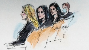 In this courtroom artist sketch, Khloe Kardashian, from left, Kim Kardashian, Kylie Jenner and Kris Jenner sit in court in Los Angeles, Tuesday, April 19, 2022. (Bill Robles via AP)