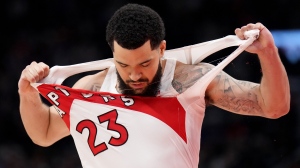 Toronto Raptors guard Fred VanVleet (23) rips of his jersey as he walks off the floor during first half NBA first round playoff action against the Philadelphia 76ers in Toronto, Saturday, April 23, 2022. THE CANADIAN PRESS/Nathan Denette