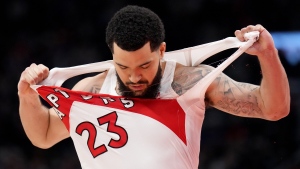 Toronto Raptors guard Fred VanVleet (23) rips of his jersey as he walks off the floor during first half NBA first round playoff action against the Philadelphia 76ers in Toronto, Saturday, April 23, 2022. THE CANADIAN PRESS/Nathan Denette