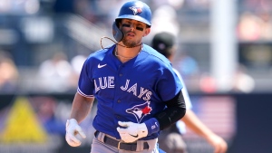 Toronto Blue Jays' Cavan Biggio runs the bases after hitting a solo home run in the third inning of a spring training baseball game against the New York Yankees, Saturday, March 26, 2022, in Tampa, Fla. (AP Photo/Lynne Sladky) 