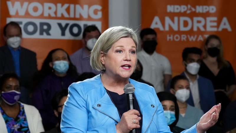 Ontario NDP leader Andrea Horwath delivers her Ontario provincial election campaign platform in Toronto on Monday, April 25, 2022. THE CANADIAN PRESS/Nathan Denette