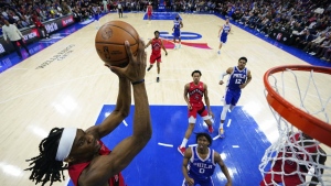 Toronto Raptors' Precious Achiuwa goes up for a shot during the second half of Game 5 in an NBA basketball first-round playoff series against the Philadelphia 76ers, Monday, April 25, 2022, in Philadelphia. THE CANADIAN PRESS/AP-Matt Slocum