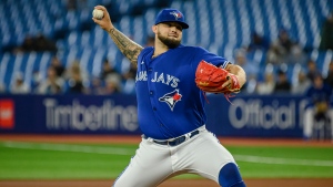 Toronto Blue Jays starting pitcher Alek Manoah (6) throws the ball during first inning MLB baseball action against the Boston Red Sox in Toronto on Thursday April 28, 2022. THE CANADIAN PRESS/Christopher Katsarov