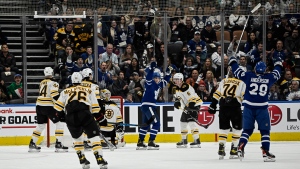 Toronto Maple Leafs' Nicholas Abruzzese celebrates after scoring against the Boston Bruins during the first period of their final regular season game in Toronto on Friday, April 29, 2022. THE CANADIAN PRESS/Aaron Vincent Elkaim 