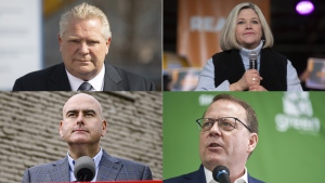 From top, clockwise: Doug Ford, Andrea Horwath, Mike Schreiner and Steven Del Duca are seen in this combination photo. (Images by The Canadian Press)