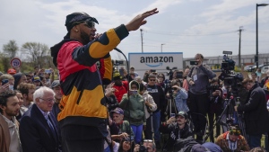 Christian Smalls, president of the Amazon Labor Union, speaks at a rally outside an Amazon facility on Staten Island in New York, Sunday, April 24, 2022. (AP Photo/Seth Wenig, File)