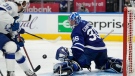 Tampa Bay Lightning left wing Brandon Hagel (38) scores on Toronto Maple Leafs goaltender Jack Campbell (36) during third period NHL first-round playoff series action in Toronto on Wednesday, May 4, 2022. THE CANADIAN PRESS/Frank Gunn 