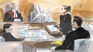 Court clerk, Justice Gillian Roberts, Complainant #1 , Defence Kelly Slate, Jacob Hoggard are shown in this courtroom sketch at Hoggard's trial in Toronto, Friday, May 6, 2022. THE CANADIAN PRESS/Alexandra Newbould
