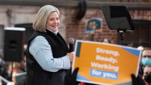 Ontario NDP Leader Andrea Horwath makes an announcement during a rally in Toronto, on Sunday, April 3, 2022. THE CANADIAN PRESS/Chris Young 
