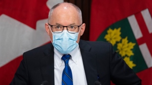 Dr. Kieran Moore, Ontario's chief medical officer of health holds a press conference regarding the lifting of most mask mandates for indoor settings in Ontario at QueenÕs Park in Toronto on Wednesday, March 9, 2022. THE CANADIAN PRESS/Nathan Denette 
