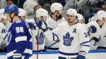 Toronto Maple Leafs center Auston Matthews (34) celebrates his goal against the Tampa Bay Lightning during the second period in Game 6 of an NHL hockey first-round playoff series Thursday, May 12, 2022, in Tampa, Fla. (AP Photo/Chris O'Meara)