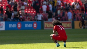 Toronto FC's Jayden Nelson reacts at the final whistle after his team loose 1-0 to a last minute goal from Orlando City's Kyle Smith in MLS action in Toronto, Saturday, May 14, 2022. THE CANADIAN PRESS/Chris Young