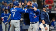 Toronto Blue Jays' Danny Jansen, center, celebrates with Bradley Zimmer, left, after Jansen hit a three-run home run off Tampa Bay Rays starting pitcher Ryan Thompson during the eighth inning of a baseball game Saturday, May 14, 2022, in St. Petersburg, Fla. Catching for the Rays is Mike Zunino. (AP Photo/Chris O'Meara)