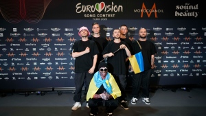 Kalush Orchestra of Ukraine pose for photographers after winning the Grand Final of the Eurovision Song Contest at Palaolimpico arena, in Turin, Italy, Sunday, May 15, 2022. (AP Photo/Luca Bruno)