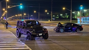 Two damaged vehicles are seen in Brampton after a collision on May 15, 2022. (MIke Nguyen/CP24)