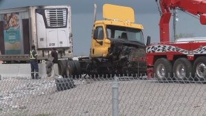 A tractor trailer involved in a wreck on Hwy. 401 near Milton on Monday morning is shown.