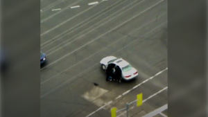 Two suspects in a violent carjacking in York Region are shown in this aerial image. (York Regional Police)