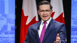 Candidate Pierre Poilievre makes a point at the Conservative Party of Canada English leadership debate in Edmonton, Alta., Wednesday, May 11, 2022. THE CANADIAN PRESS/Jeff McIntosh