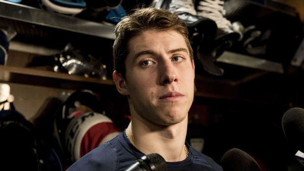 Toronto Maple Leafs Mitch Marner speaks to reporters after a locker clean out at the Scotiabank Arena in Toronto, on Thursday, April 25, 2019. Leafs general manager Kyle Dubas says he's optimistic the team and pending restricted free agent Mitch Marner will be able to come to an agreement on a new contract before July 1. THE CANADIAN PRESS/Christopher Katsarov