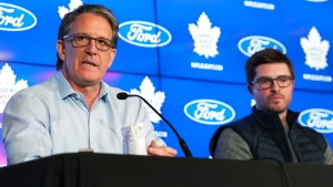Brendan Shanahan, left, President of the Toronto Maple Leafs and Maple Leafs general manager Kyle Dubas speak to the media after being eliminated in the first round of the NHL Stanley Cup playoffs during a press conference in Toronto on Tuesday, May 17, 2022. THE CANADIAN PRESS/Nathan Denette