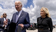 President Joe Biden, accompanied by first lady Jill Biden, speaks before boarding Air Force One at Buffalo-Niagara International Airport in Buffalo, N.Y., Tuesday, May 17, 2022, after paying their respects and speaking to families of the victims of Saturday's shooting at a supermarket. (AP Photo/Andrew Harnik)