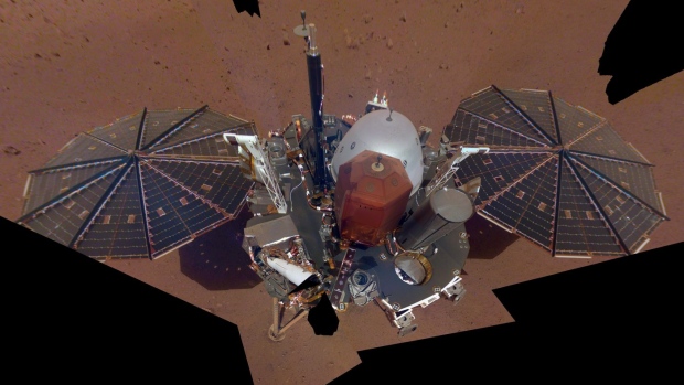 This Dec. 6, 2018 image made available by NASA shows the InSight lander. The scene was assembled from 11 photos taken using its robotic arm. (NASA via AP, File)