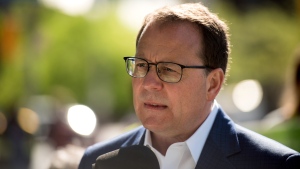 Ontario Green Party Leader Mike Schreiner speaks to the media during a press conference at Bloor-Bedford Parkette in Toronto as part of his campaign tour, on Tuesday, May 17, 2022. THE CANADIAN PRESS/Tijana Martin