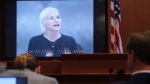 Actor Ellen Barkin testifies in a previously recorded video deposition at the Fairfax County Circuit Courthouse in Fairfax, Va., Thursday, May 19, 2022. Actor Johnny Depp sued his ex-wife Amber Heard for libel in Fairfax County Circuit Court after she wrote an op-ed piece in The Washington Post in 2018 referring to herself as a "public figure representing domestic abuse." (Shawn Thew/Pool Photo via AP)