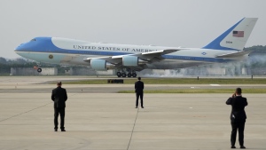 Air Force One with U.S. President Joe Biden arrives at Osan Air Base in Pyeongtaek, South Korea, Friday, May 20, 2022. (AP Photo/Lee Jin-man, Pool)