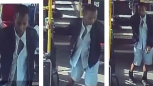 Security camera images of a man being sought by Toronto police after a 12-year-old girl was sexually assaulted on a TTC bus. (Toronto Police Service)
