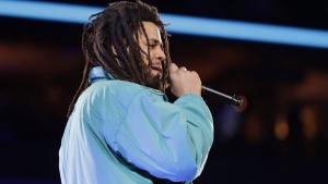 Rapper J. Cole performs at halftime during NBA All-Star basketball game, Sunday, Feb. 17, 2019, in Charlotte, N.C. The Scarborough Shooting Stars of the Canadian Elite Basketball League (CEBL) team recently signed the American rapper and Grammy winner., who played three pro games in Africa last season. THE CANADIAN PRESS/AP-Chuck Burton
