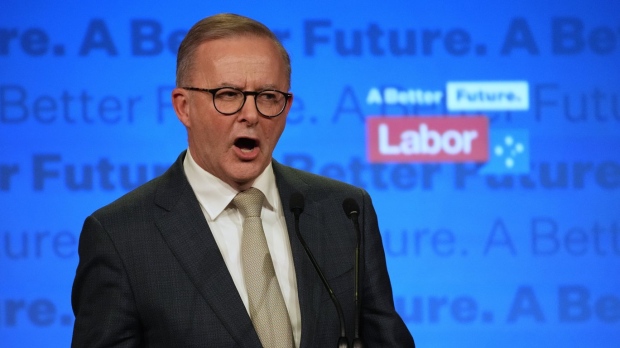 Labor Party leader Anthony Albanese speaks to supporters at a Labor Party event in Sydney, Australia, Sunday, May 22, 2022, after Prime Minister Scott Morrison conceding defeat to Albanese in a federal election. (AP Photo/Rick Rycroft)