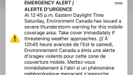 A weather alert sent to mobile phones in Ontario is seen in this image on May 21, 2022.