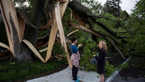 Residents chat beside a tree that was destroyed during a major storm in Ottawa on Saturday, May 21, 2022. THE CANADIAN PRESS/Justin Tang